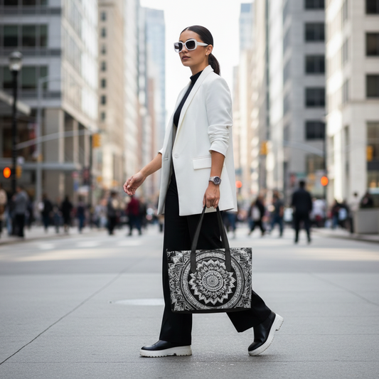 "Mandala Black and White" Vegan Leather Tote